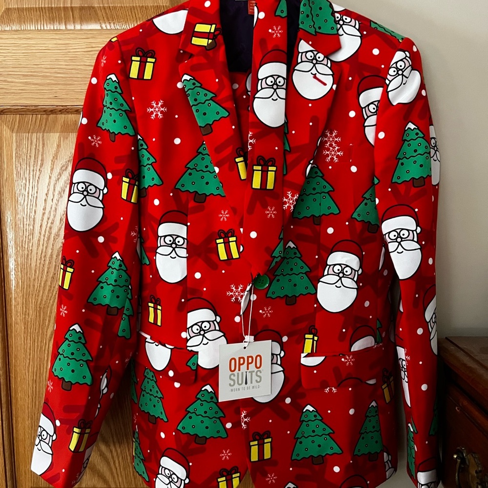 OppoSuits Santa Christmas Red and Green Suit, NWT, (blazer, ties, pants)